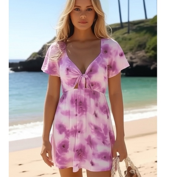 ABOUND Sweetheart Tie Neck Dress Women's Small Pink Abstract Short Sleeve Mini - Picture 13 of 14